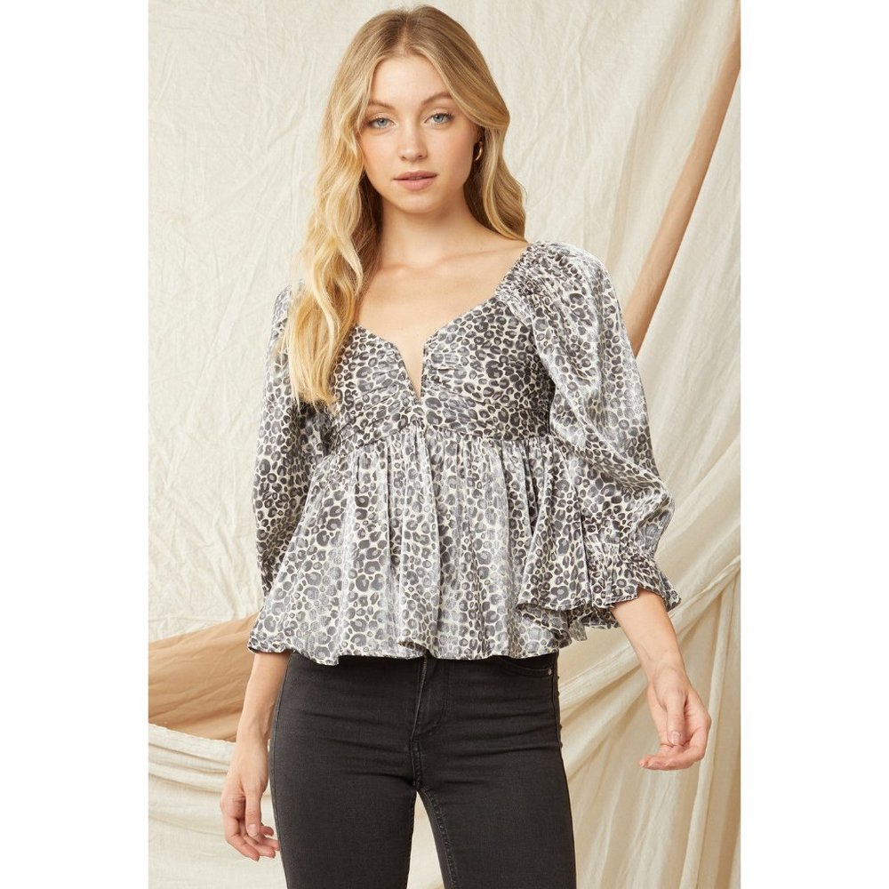 Entro Leopard Iridescent Babydoll Top, Sand